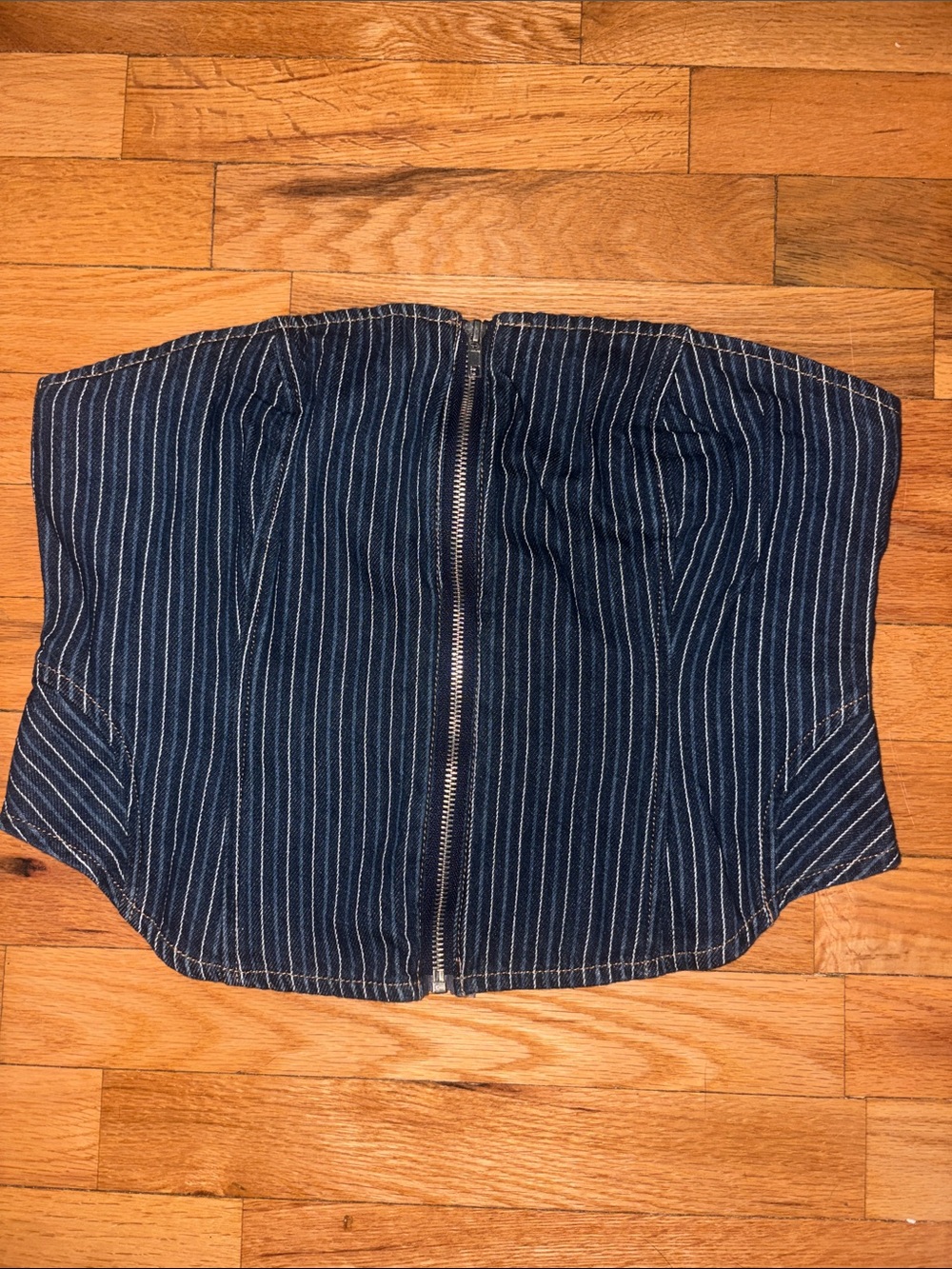 Vintage Forever 21 Striped Navy Denim-Look Tube top with Front Zip